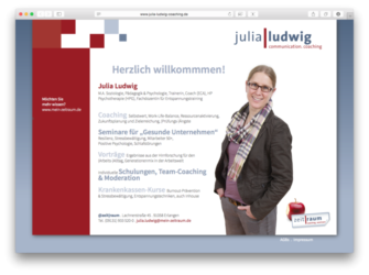 <a href='http://www.julia-ludwig-coaching.de' target='_blank'>www.julia-ludwig-coaching.de</a><br />Julia Ludwig - Communication. Coaching - Webvisitenkarte<br />Gemeinschaftsproduktion mit Sabine Perlinger von <a href='http://www.pool-x.de' target='_blank'>www.pool-x.de</a><br />September 2015 - Technologie: HTML responsive (61/138)